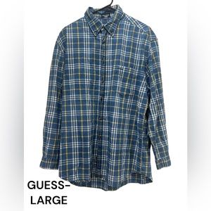 GUESS, LARGE, BLUE/YELLOW, PLAID, LONG SLEEVE, BUTTON UP SHIRT. D20